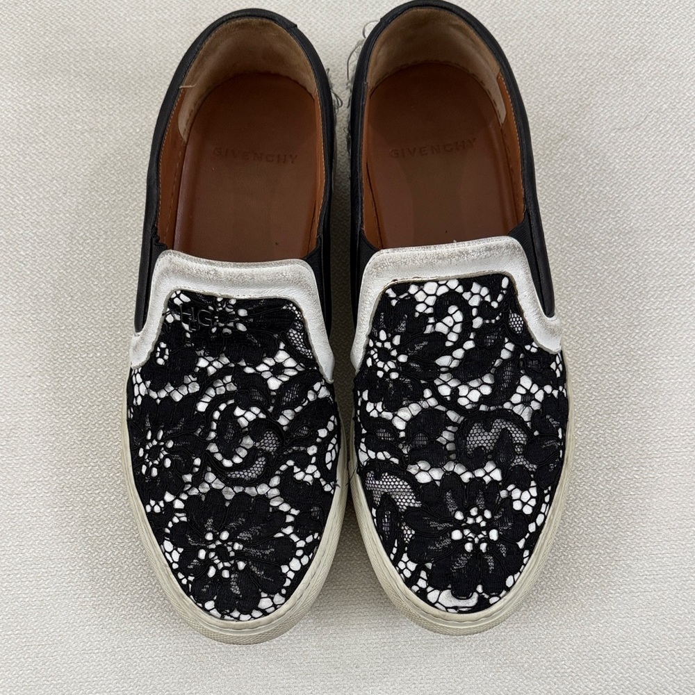 Givenchy Black and White Lace Slip-Ons